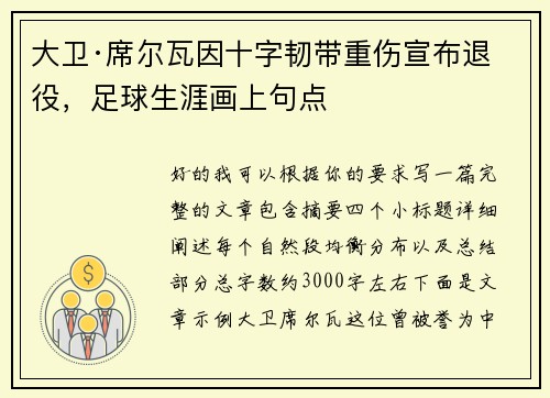 大卫·席尔瓦因十字韧带重伤宣布退役，足球生涯画上句点